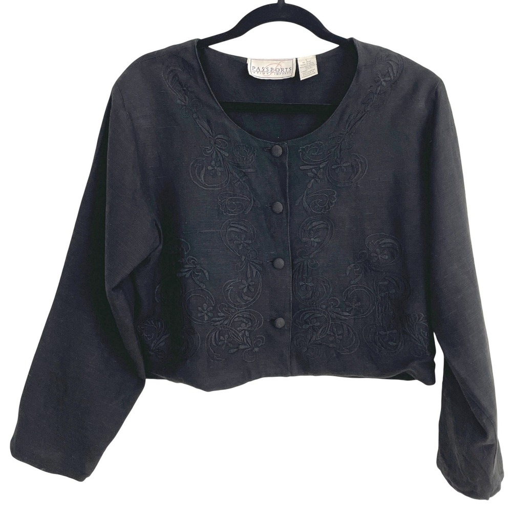 Passports Pier 1 Imports Black Cotton Rayon Embroidered Cropped Jacket Womens L